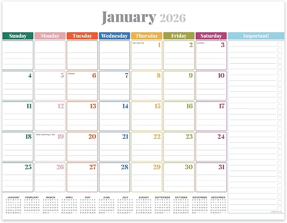TF Publishing 2026 Rainbow Blocks Medium Desk Pad Monthly Blotter Calendar - 12 Month Desk Pad Calendar 2026 - Monthly Tear-Off Pages with Large Grids in Landscape Orientation - 17in x 12in
