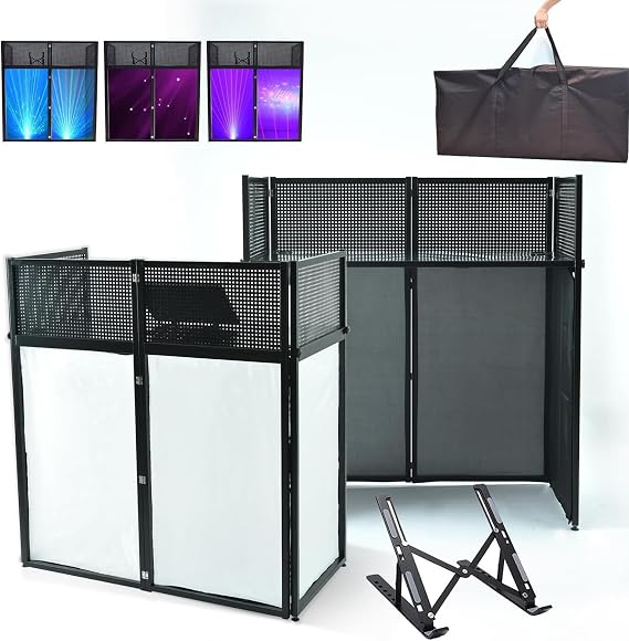 Portable Foldable DJ Event Booth Facade Table Station, 40 * 40 * 20 Inches DJ Disco Booth Stand Mixer Shelf, Metal Frame Standing DJ Table, White & Black Scrim, Padded Carrying Bag, for Bar