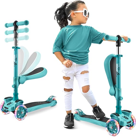 Hurtle Children's 3 Wheel Scooter with Folding Seat and LED Wheels Ages 2+