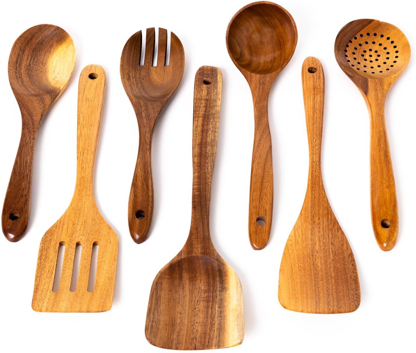 Kitchen Utensils Set of 7 for Cooking 30cm | Crafted From Premium Sustainable Acacia Wood | Including Serving Spoons, Spatula Set, Ladel | Non Scratch, Heat Resistant