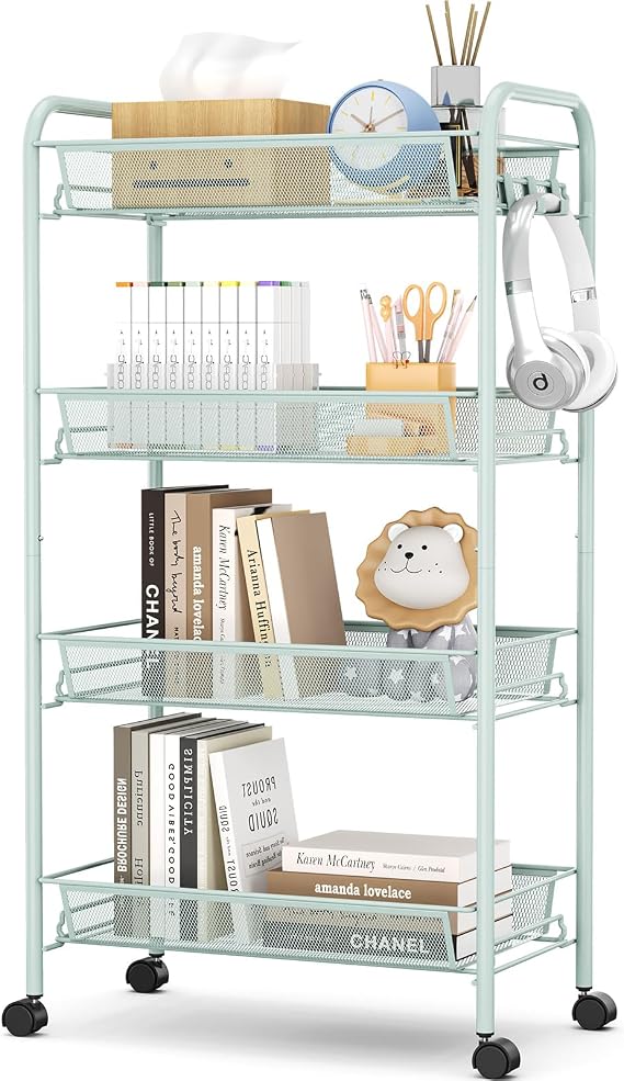 APEXCHASER 4-Tier Rolling Cart,Easy Assemble Mobile Storage Trolley On Wheels,Slide Out Utility Cart Shelving Units Kitchen Bathroom Laundry Room,Green