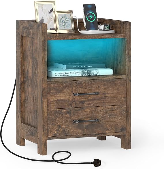 COSTWAY LED Bedside Table with Charging Station, Smart Nightstand End Sofa Side Table with RGB Light Colors, 2 Drawers & Storage Shelf, Bedside Cabinet Chest for Living Room Bedroom (1, Rustic Brown)
