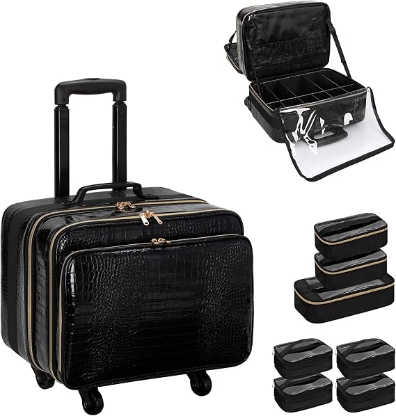 18 Inch Rolling Makeup Train Case, Extra Large Travel Cosmetic Organizer Storage Trolley with Wheels, 3 Layers & 3 Travel Makeup Bags Carry On for Hairstylist Cosmetology Artist (Black, Set B)
