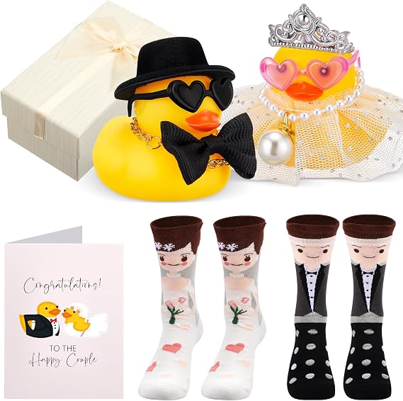 Namalu Mr and Mrs Duck Gift in Box Includes 2 Wedding Dressed Ducks, 2 Pairs Wedding Couple Socks and Greeting Cards Presents for Bride and Groom Funny Engagement Gift (Novel)