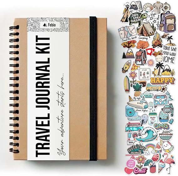 A5 Travel Journal with Hard Cover Kraft Paper / +150 Stickers, for Scrapbooking and Bullet Journal/Our Adventure Book, Photo Album for Sticking and Writing, Travel Journal Adults