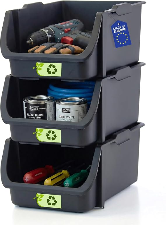 Iris Ohyama Set of 3 Storage Boxes with Front Opening Stackable Plastic Organiser Modular Storage Box for Clothes Laundry Bathroom & Wardrobe Black SBIN-S