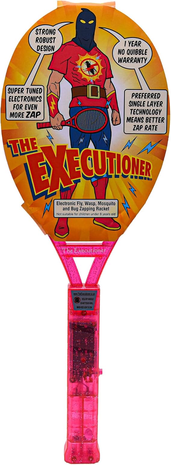 The Executioner Coloured Mosquito, Fly, Wasp, Bug, Insect Swatter/Killer and Bug Zapper Racket Single Layer, ideal for Zapping Indoor or Outdoor, Long Handle (Pink)