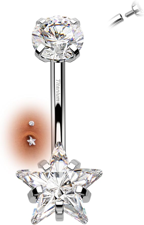 G23 Solid Titanium Star Belly Button Bars 14G Internally Threaded Belly Button Piercing Belly Bananabells for Women Clear CZ Navel Piercing Jewellery