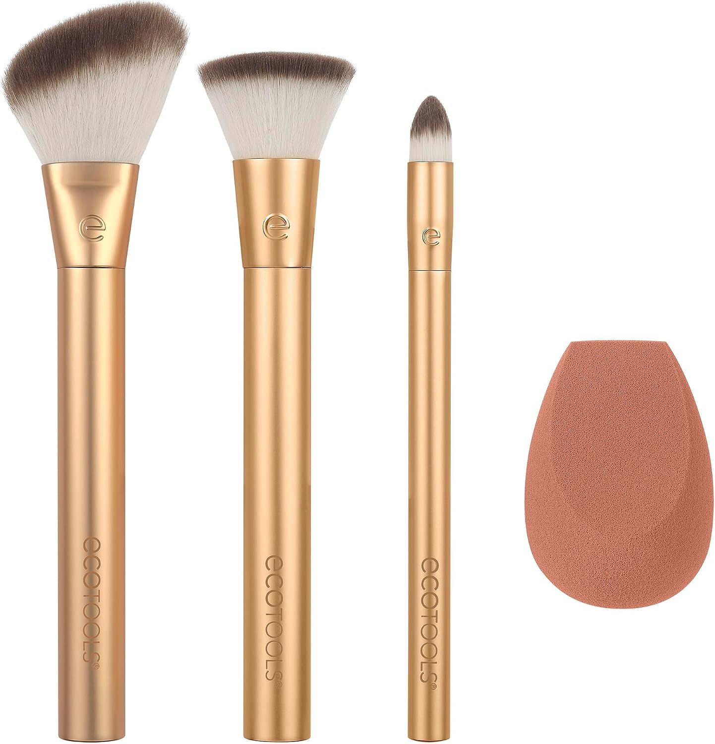 EcoTools Precious Metals Face Blend and Styling Set, Makeup Brush Set, Foundation Brush, Eco-Friendly Makeup Brush Set, Recycled Aluminum, Chrome, Precision, 4 Piece Set
