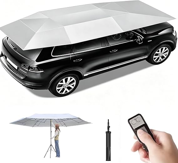 Fully-Automatic Car Tent, 4.2m /4.6m/5m/5.2m Large Pop up Garage Rooftop Tent, Folding Roof Awnings, Remote Start Car Umbrella Cover, Car Sun Shade Umbrellas for Outdoor Use Grey-4.6mWithTripod