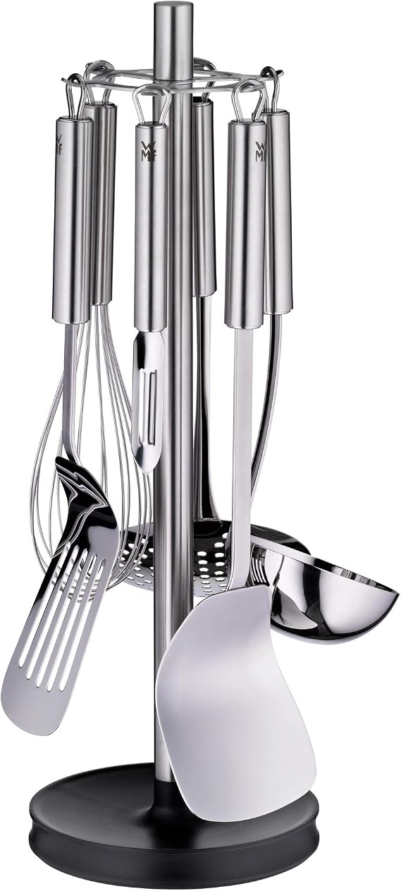 WMF Profi Plus – Set of 7 Kitchen Utensils with Stand, Ladle, Skimmer, Wok Spatula, Whisk, Vegetable Peeler, Polished Cromargan Stainless Steel, 42.5 cm