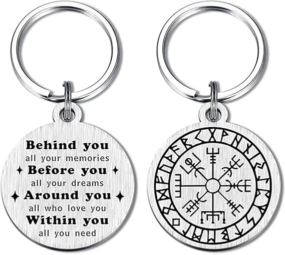 Ethlomoer Viking Runes Keychain, Lucky Nordic Mythology Key Chain for Men & Women, Great Gift for Anniversaries & Christmas Décor - Features Viking Helmet & Valhalla!