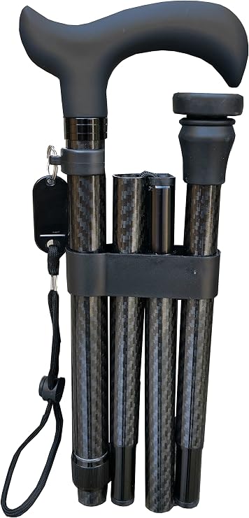 Deluxe Carbon Fibre 4-Part Folding Adjustable Walking Stick Cane for Men, Ladies and Women with Soft Grip Handle - 33.5” to 37.5”