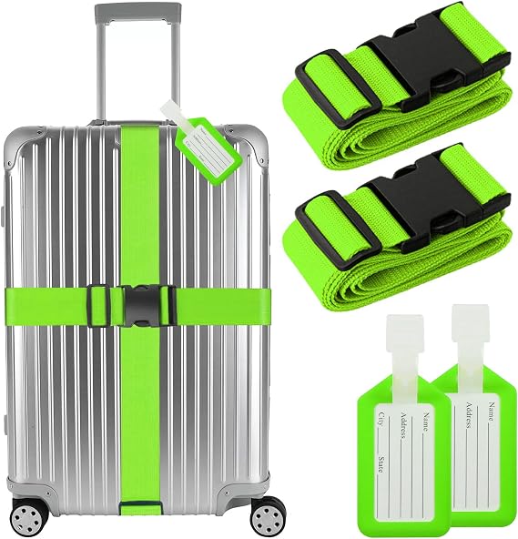 Luggage Straps,2 Pack Adjustable Luggage Straps for Suitcases and Tags Set 2 Straps, 2 Tags,Extends Life of Bag,Green