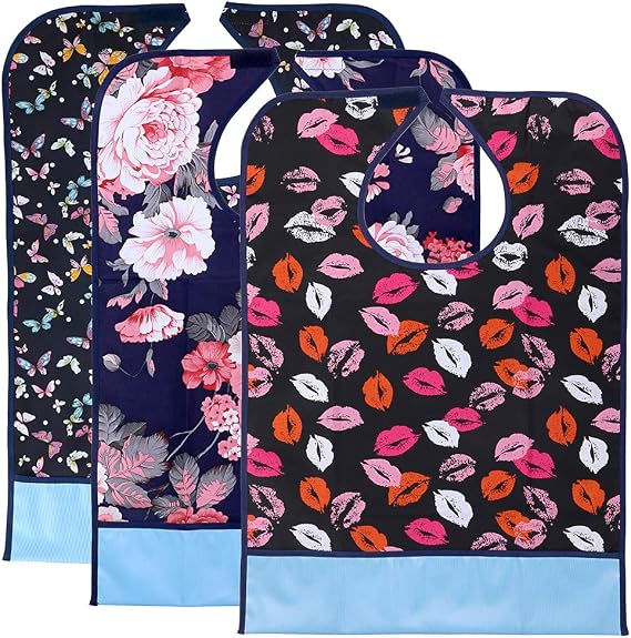 BTSKY 3 Pcs Waterproof Adult Bibs with Crumb Catcher, Flower+Lip+Butterfly