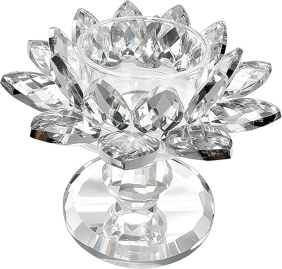 Crystal Lotus Flower Candle Holder, Votive Tealight Candlestick Stand for Table Centerpiece Party Wedding Decor Transparent (S)