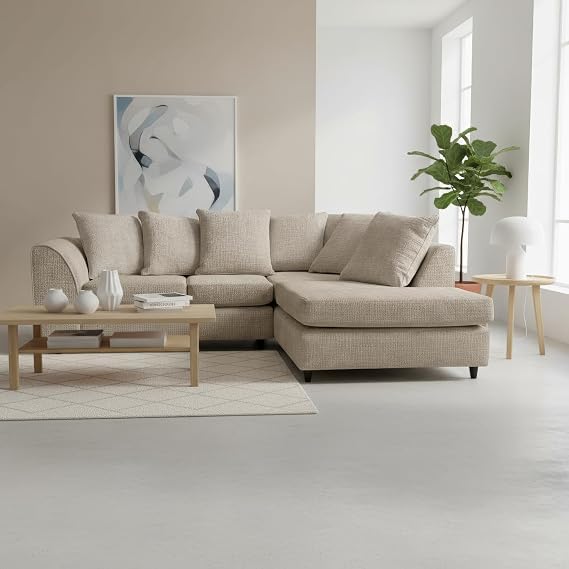 Abakus Direct Jumbo Chenille Corner Sofa with Chaise, Modern L-Shaped Curved Design, Deep Seats, Extra-wide Padded Arms (Taupe, Right Hand Facing)
