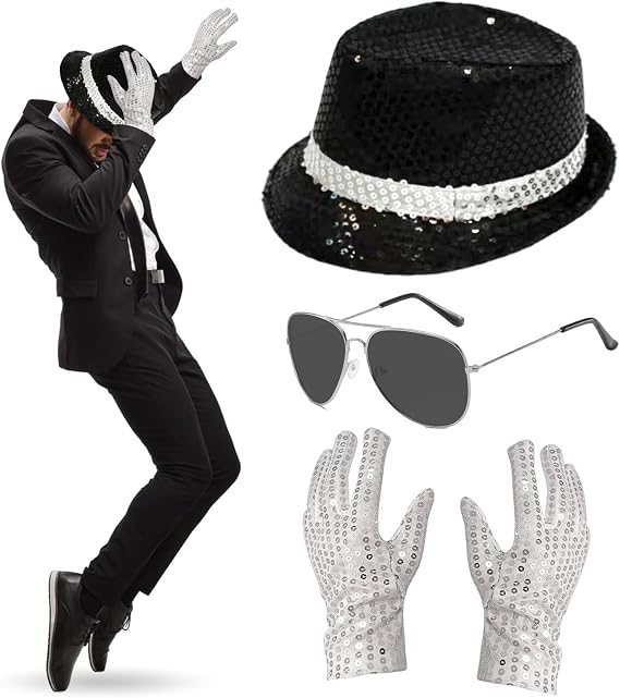 4Pcs MJ Costume Accessories, 80s Dancer Rocker Star Cosplay Set with Jazz Sequin Hat Gloves Silver Framed Sunglasses, King of Pop Fancy Dress Set for 80 Theme Party Carnival Dance Party