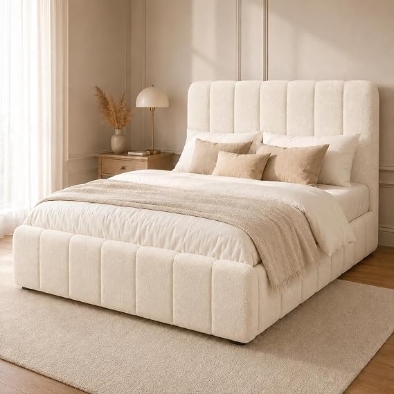 J&S BEDS Teddy Boucle Double Bed Frame with Orthopedic Mattress Included, Upholstered Wooden Bed Frame, Luxury Boucle Bed with Headboard for Bedroom - Cream