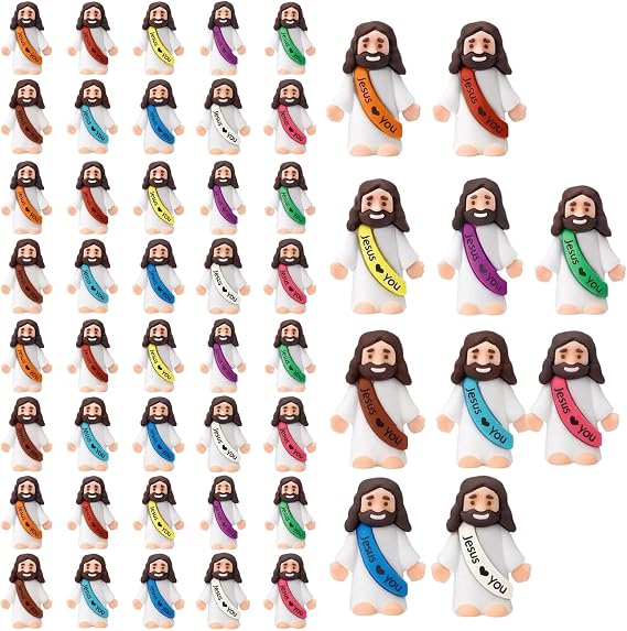 Mini Jesus Figures, Religious Decorative Ornaments and Church Activity Decorations, Set of 50 Mini Figures with Assorted Colours for Faith Gatherings and Baptism Ceremonies