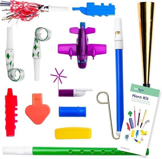 TalkTools Horn Kit | Oral Motor Placement Therapy | Improve Speech, Tongue Lip Placement | Reduce or Eliminate Drooling | Abdominal Grading | Controlled Oral Airflow, and Speech Clarity - 12 Tools