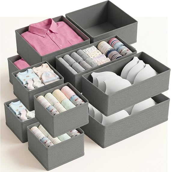 Drawer Organiser Foldable, 12 Pack Grey Fabric Drawer Dividers, Wardrobe Storage Organiser for Drawers, Closet, Stackable Cloth Storage Box for Underwear, Bras, Socks, Ties, Towels, Shirts