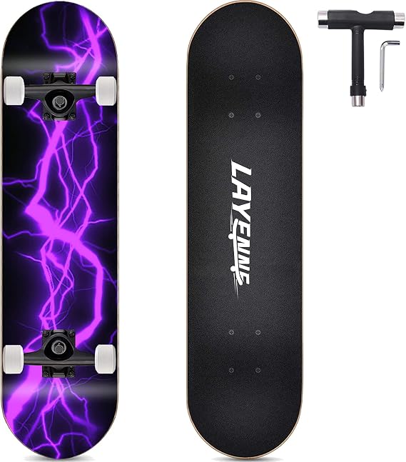 LAYENNE Skateboard, 31 x 8 Inch Complete Skateboard, 7 Layers Maple Skateboard Deck, ABEC-11 Holder, Suitable for Adults, Beginners, Boys, Girls, Teenagers and Children, Blue