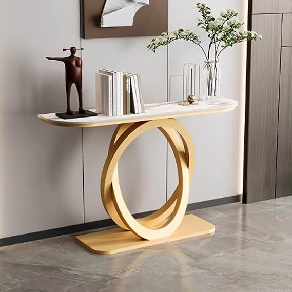 Modern Console Table - Stone Top Sofa Table with Metal Base - Abstract Design for Living Room or Porch