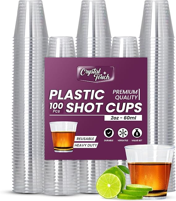 Crystal Touch 2oz Shot Glass Set - 100 Disposable, Durable Plastic Cups - Crystal Clear Dessert Cups for Birthday, Wedding, Anniversary Party Tasting