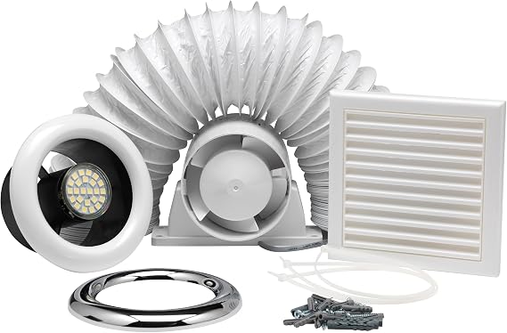 Xpelair Airline ALL100T 4"/100mm Inline Axial Extractor Fan with Timer and LED Light for Bathrooms and Shower Rooms, Complete with Loft Fitting Kit and SELV transformer, White