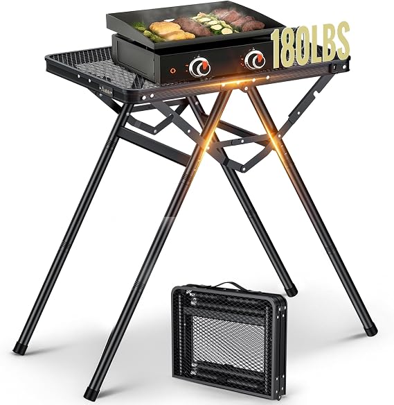 Anbte 2ft Folding Grill Table, Supports 80 kg, 2 Adjustable Height 71cm Portable Grill Table Heat-resistant tabletop, for Camping BBQ Cooking Backyard, 60cm x 40 cm, Black