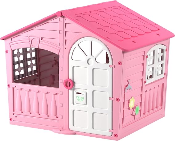 Plastic Playhouse, House of Fun, Indoor and Outdoor Playhouse, UV Resistant, Playhouse for Girls and Boys, Imagative Fun, Suitable for Ages 2+, Pink and White, 130 x 111 x 115cm