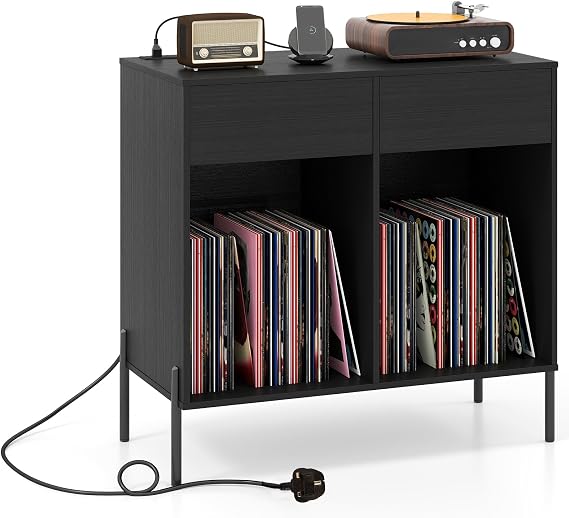 COSTWAY Record Player Stand with Charging Station, Turntable Stand End Side Table with 2 Drawers and 6 Dividers, Metal Legs Albums Vinyl Record Storage Cabinet Holder for Living Room Bedroom (Black)