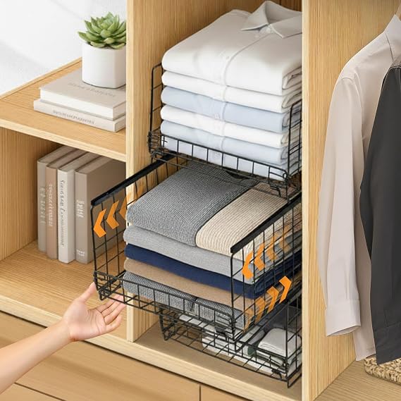 3 Pack Wardrobe Storage Organiser, 3 Tier Sliding Closet Drawer Organiser Shelves, Drawer Stackable Clothes Basket, Pull Out Wardrobe Storage Organiser for Jeans Pants Sweaters,Wardrobe Cupboard,Black
