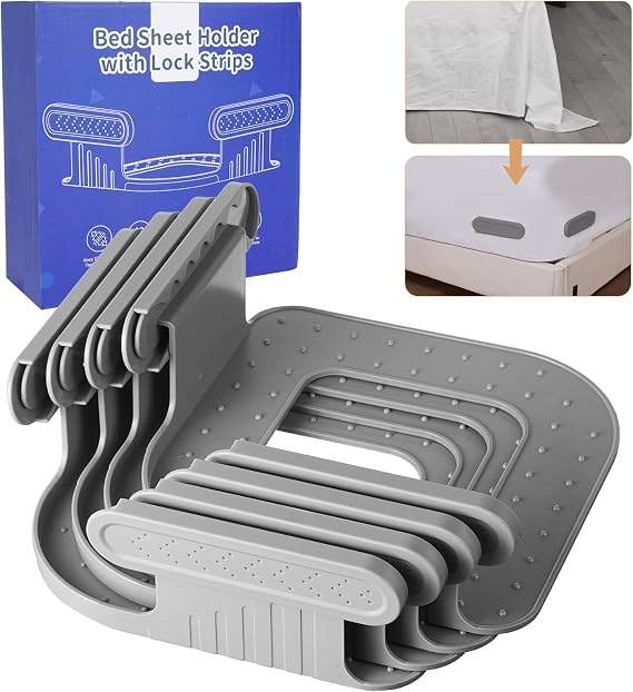 Bed Sheet Holder with Lock Strips - 4PCS Non-Slip Heavy Duty Sheet Locks for All Mattress Sizes and Bed Sheet Type,New Upgrade Bed Sheet Clips to Keep Sheets Firm and Tight,Easy Installation (Gray)