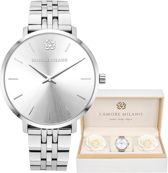 L'AMORE MILANO Damenuhr Rosenbox - Hochwertige Armbanduhr Edelstahl mit luxuriösem eckigem Design wasserdicht 5 ATM - Edles Geschenk für Frauen Freundin Mutter - 36mm Damen Uhr
