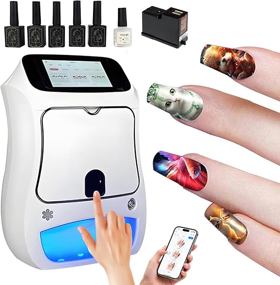Professional Nail Printing Machine Kit, Electric 3D Nail Art Printing Device with 5" Touchscreen/UV Curing, APP Control, 4800DPI High-Resolution, DIY Digital Fingernail Painting for Home & Salon