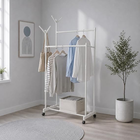 Double Garment Rack Adjustable Clothes Rail (White-130)