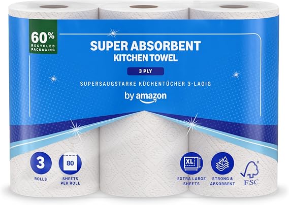 by Amazon Super Absorbent Kitchen Paper, 3 Ply, 3 Rolls (1 Pack of 3), 80 Sheets per Roll, FSC Certified