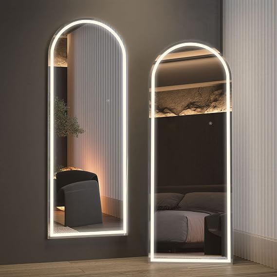 160 x 50 cm ArchedFull Length Mirror with LED Lights, Free Standing Floor Wall Mounted Mirror, Color Dimmable & Brightness Adjustment for Bedroom, LED, White with Stand