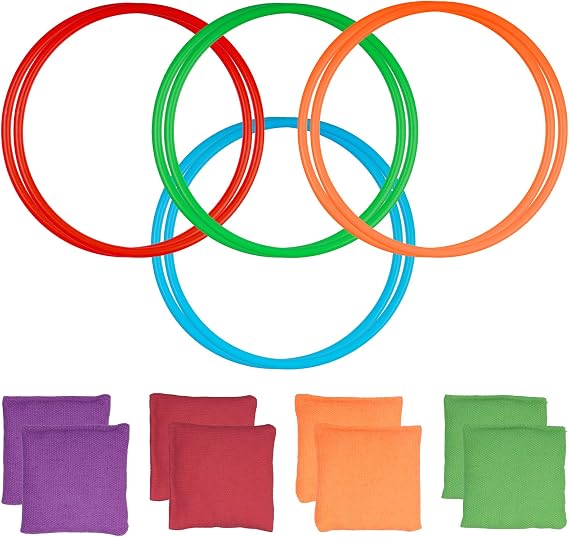16 Pcs Throwing Game Set, Outdoor Ring Toss Game: 8 Small Bean Bags for Throwing Kids Beanbag & 8 Colorful Toss Rings, for Indoor Outdoor Activities Carnival Games Garden Party Games