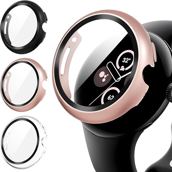 Diruite 3-Pack Screen Protector for Google Pixel Watch 3/2/1 41mm Tempered Glass Case All Around Hard PC Protective Cover,Black&Rose Gold&Transparent