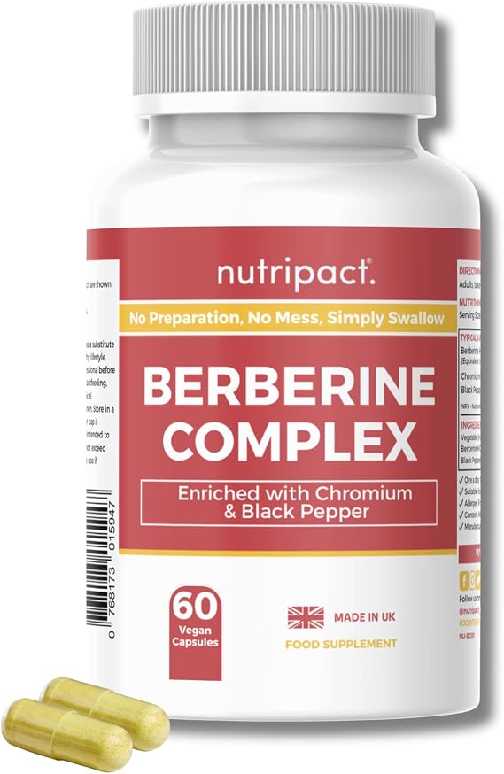 Nutripact Berberine HCL Supplement with Chromium and Black Pepper - High Strength 500mg - 60 Vegan Capsules (not Tablets) - Made in the UK