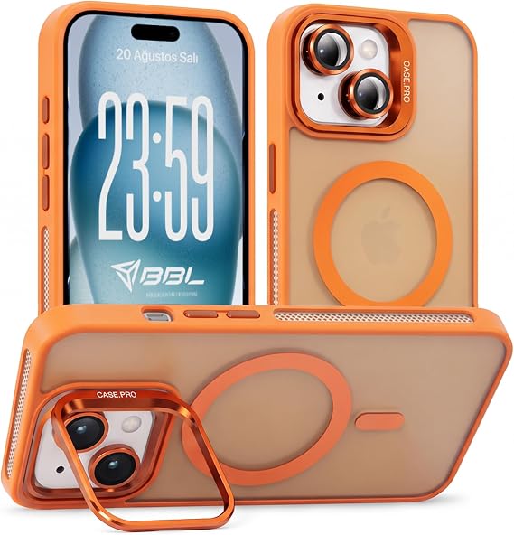 Babilden iPhone 14 Plus İçin Kılıf Kamera Korumalı Magsafe İle Uyumlu Kablosuz Şarj Özellikli Mat Şeffaf Renkli Standlı Lens Hediyeli Telefon Kılıfı (Turuncu)