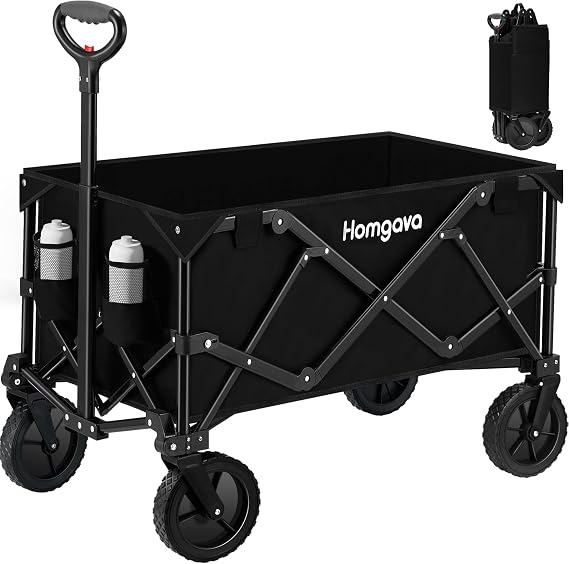 Homgava Collapsible Folding Wagon Cart,Outdoor Beach Wagon,Heavy Duty Garden Cart with All Terrain Wheels,Portable Large Capacity Utility Wagon for Camping Fishing Sports Shopping, Black