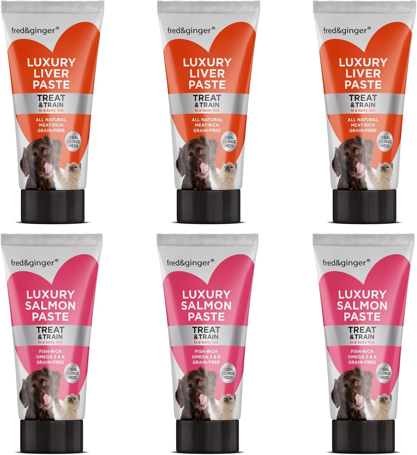 Liver Paste & Salmon Paste Tubes for Dogs and Cats 75g [Pack of 6] Grain Free, Hypoallergenic Luxury Liver Pate Ideal Training Aid, Medication Administering, Lick Matt