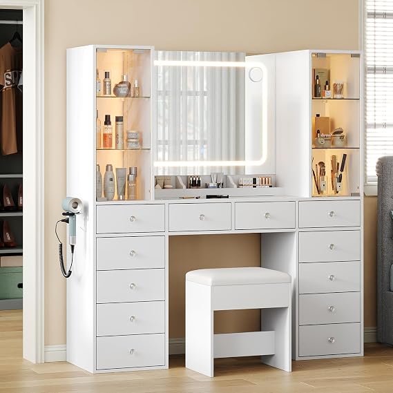 FUSOU Dressing Table with 12 Drawers & 2 Large Storage Cabinets, Adjustable Glass Shelf, Dressing Table with Mirror and Stool, Vanity with Glass Top and Power Outlet, Vanity Desk for Bedroom, White