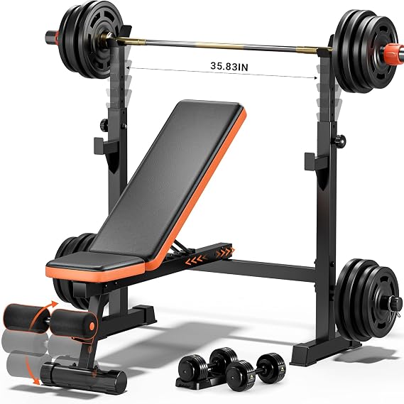 Fostoy 770 lb Adjustable Weight Bench with Barbell Rack,Workout Bench Press