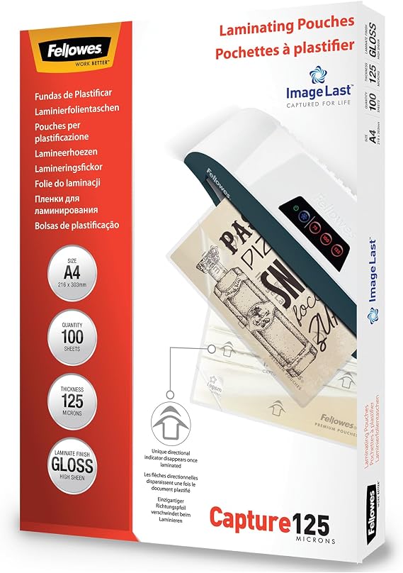 Fellowes A4 Laminating Pouches, Gloss Finish, 100 Sheets, 250 Micron (2 x 125 Micron) Clear and Durable Laminating Pouch with Image Last Directional Mark - Ideal for Photos, Notices and Everyday Use
