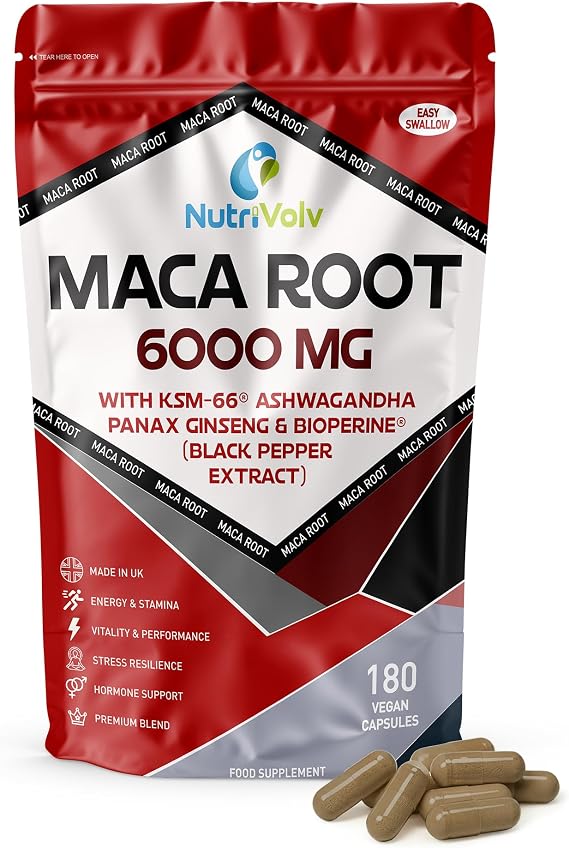 Maca Root 6000mg Complex | 180 Vegan Capsules (90 Day Supply) | with KSM-66® Ashwagandha, Panax Ginseng & BioPerine® | Energy, Stamina, Vitality, Performance, Hormone & Stress Support | by NutriVolv